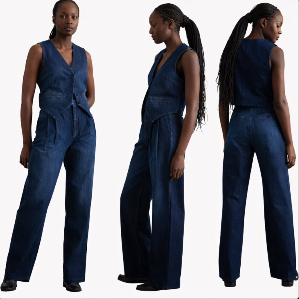 AE77 Premium Denim Pleated Trouser Organic Wide Leg Dark Wash size 12 AEO